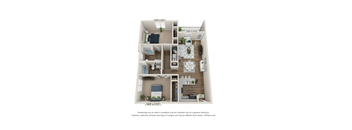 A 3D floor plan of a house with a kitchen, living room, and two bedrooms.