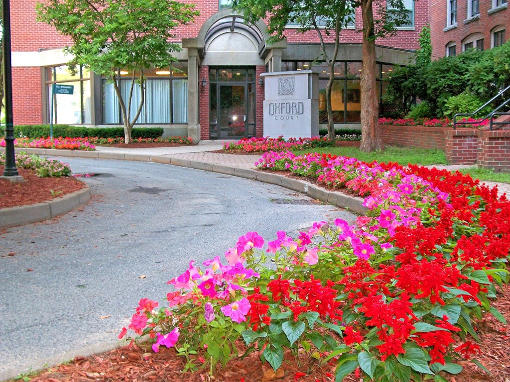 the entrance to a building with flowers in front of it