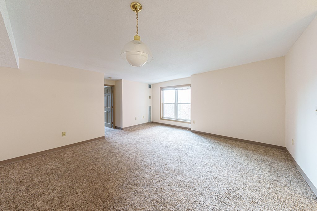 an empty living room with carpet and a window