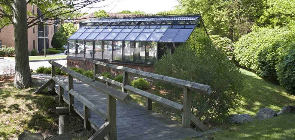 a greenhouse in a park with a wooden bridge