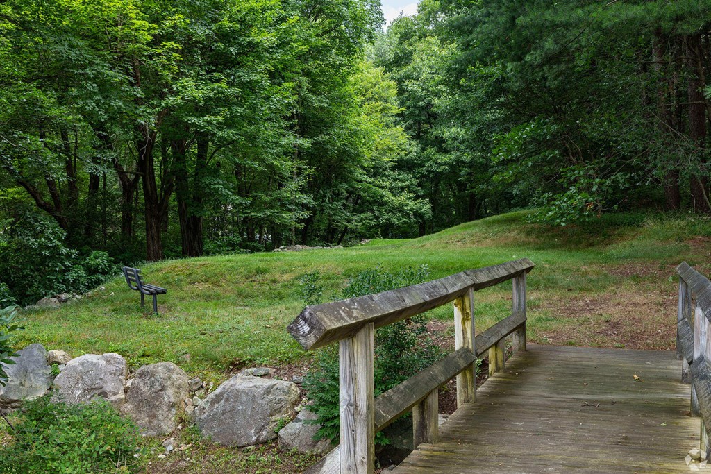 a wooden bridge in a park with a bench