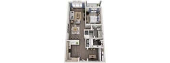 A floor plan of a small apartment with a living room, kitchen, and two bedrooms.