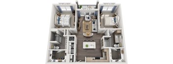 A 3D floor plan of a two-bedroom apartment with a living room, kitchen, and bathroom.