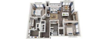 A detailed 3D floor plan of a small apartment layout.
