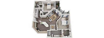 A 3D floor plan of a house with dimensions and furniture layout.