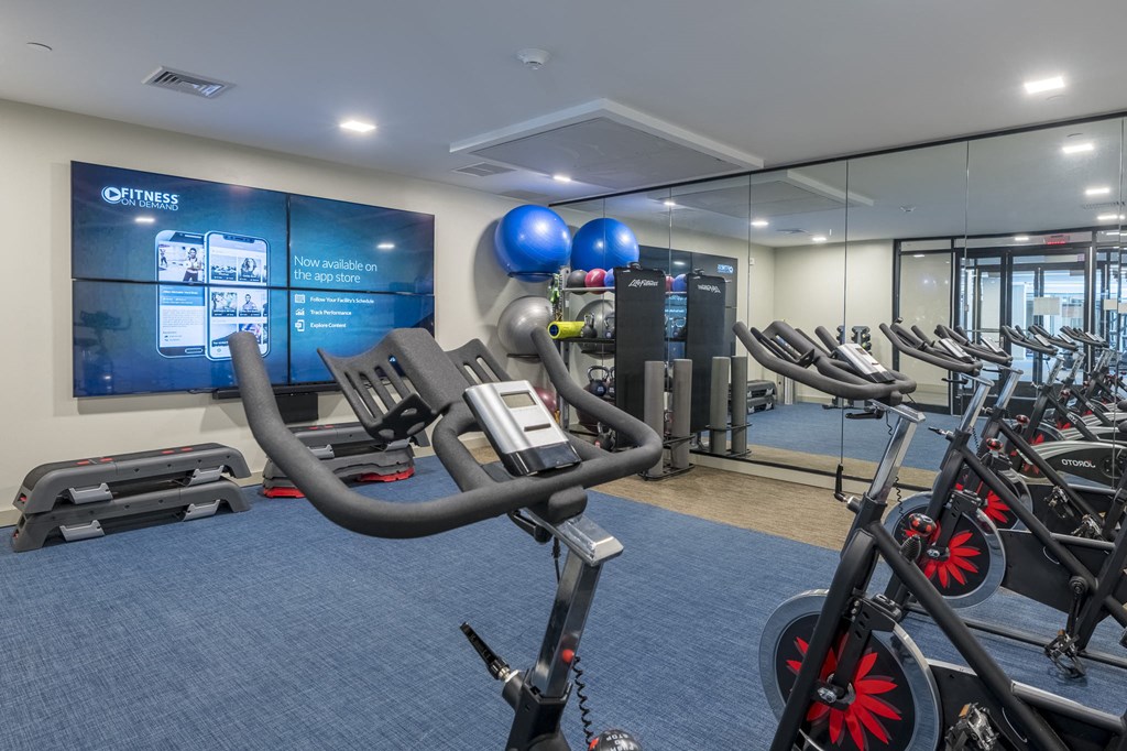 a gym with exercise equipment and a large screen on the wall