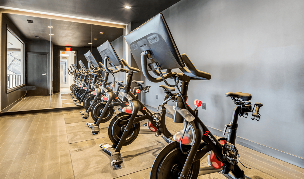 A row of stationary bikes are lined up in a room.