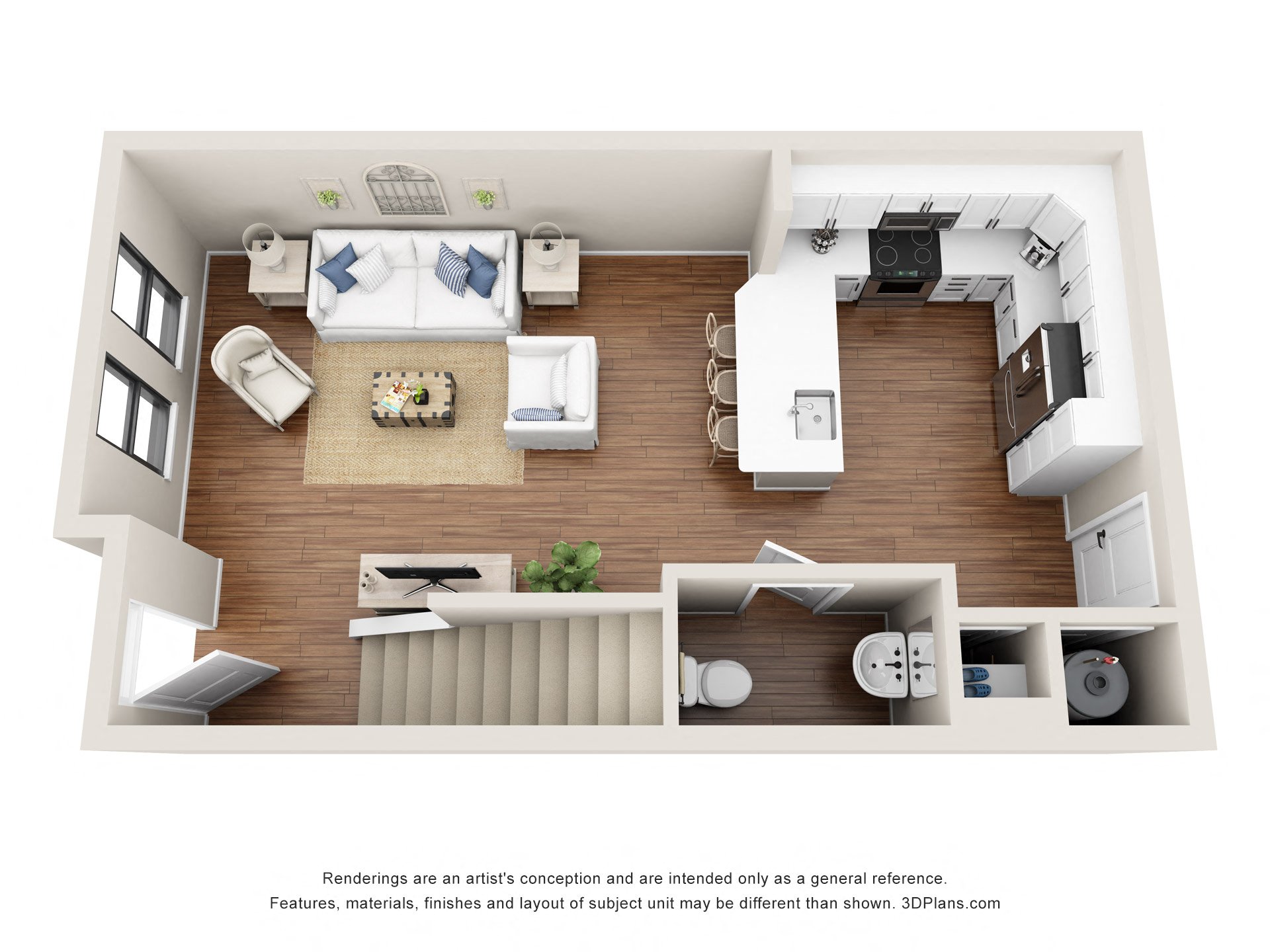 1 bedroom 1.5 bathroom Floor plan A at 401 Oberlin, North Carolina, 27605