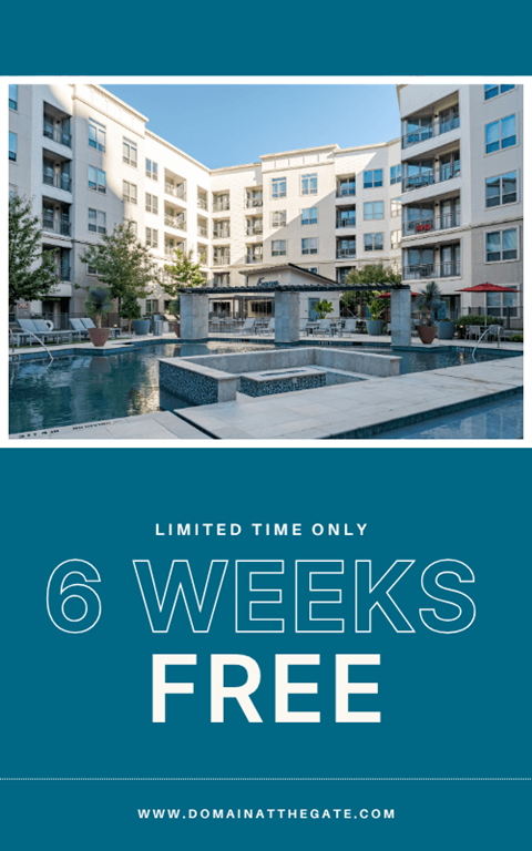 A pool area of a hotel with a sign offering 6 weeks free.