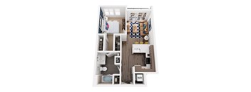 A top down view of a small apartment with a kitchen, living room, and bathroom.