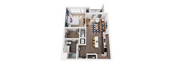 A top down view of a small apartment with a kitchen, living room, and bathroom.