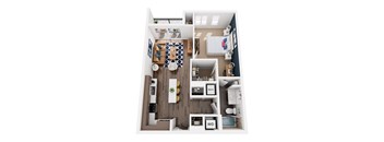 A top-down view of a small apartment with a kitchen, living room, and bathroom.