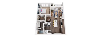 A top down view of a small apartment with a kitchen, living room, and bathroom.