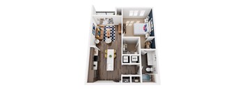 A top down view of a small apartment with a kitchen, living room, and bathroom.