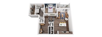 A top down view of a small apartment with a kitchen, living room, and bathroom.