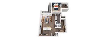 A top down view of a small apartment with a kitchen, living room, and bathroom.