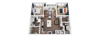 A top-down view of a modern apartment layout with labeled sections for the kitchen, living room, and bathroom.