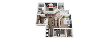 A top-down view of a house layout with a living room, kitchen, dining area, and bathrooms.