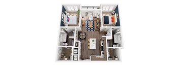 A top-down view of a small apartment with a kitchen, living room, and bedroom.