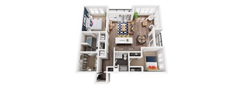 A top-down view of a well-organized kitchen and living room area.