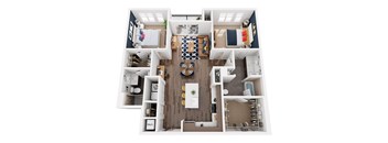 A top down view of a modern apartment with a kitchen, living room, and dining area.