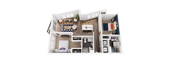 A 3D floor plan of a small apartment with a kitchen, living room, and bathroom.