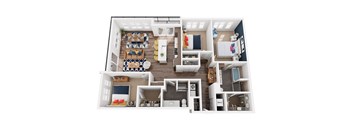 A top-down view of a small apartment with a kitchen, living room, and bathroom.
