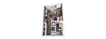 A small room with a bed, desk, and shelves.