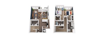 A top down view of a small apartment with a kitchen, living room, and bathroom.