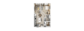 A top-down view of a small apartment with a kitchen, living room, and bathroom.