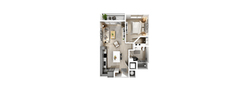A top-down view of a small apartment with a kitchen, living room, and bathroom.