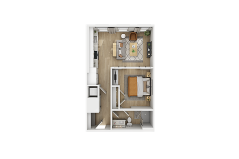 a floor plan of a studio apartment with a bedroom and a living room