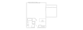 A floor plan of a house with a kitchen, living room, and two bedrooms.