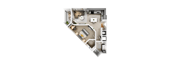 A top-down view of a house layout with a kitchen, living room, and bedrooms.