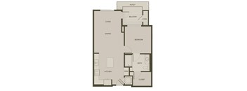 A floor plan of a house with a living room, dining room, kitchen, bedroom, bathroom, closet, and a patio.