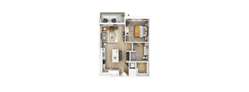 a stylized floor plan with a bedroom and a living room