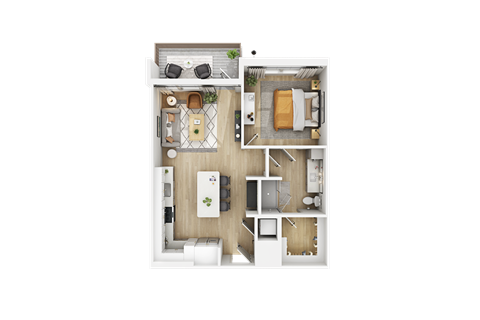 a stylized floor plan with a bedroom and a living room