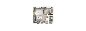 A top-down view of a small apartment with a kitchen, living room, and bathroom.