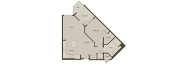 A floor plan of a house with a patio, balcony, living room, dining room, kitchen, bedroom, bathroom, closet, desk, and storage.