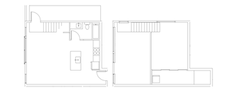 A floor plan of a house with a kitchen, living room, and bathroom.
