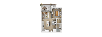 a stylized floor plan with a bedroom and a living room