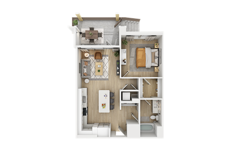 a stylized floor plan with a bedroom and a living room