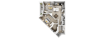 A floor plan of a house with a kitchen, living room, and two bedrooms.