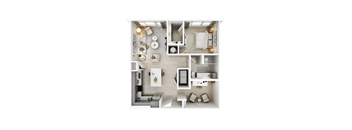 A top-down view of a modern, minimalist kitchen and living room.