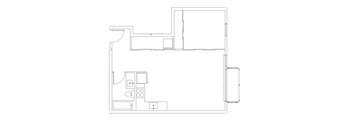 A floor plan of a house with a kitchen, living room, and two bedrooms.