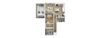 a bedroom floor plan and a living room with a desk