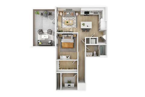 a bedroom floor plan and a living room with a desk