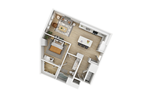 a 3d floor plan of a house with a bedroom and a living room