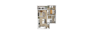 a stylized floor plan with a bedroom and a living room
