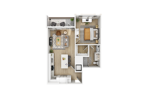 a stylized floor plan with a bedroom and a living room